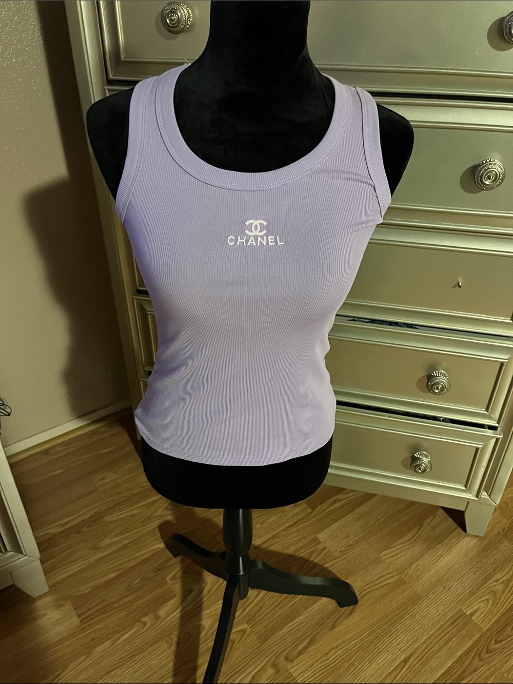 CHANEL Lavender Ribbed Tank with White Logo